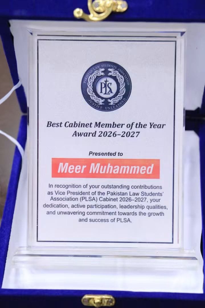 PLSA plaque: Best Cabinet Member of the Year Award 2026–2027, presented to Meer Muhammed for contributions as Vice President